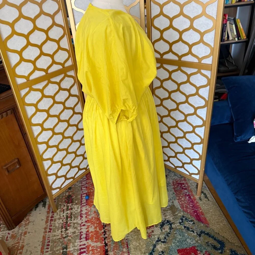 Banana Republic Size XL Yellow Lemon Candy Voile Elbow Sleeve V-Neck Midi Dress - Picture 12 of 16